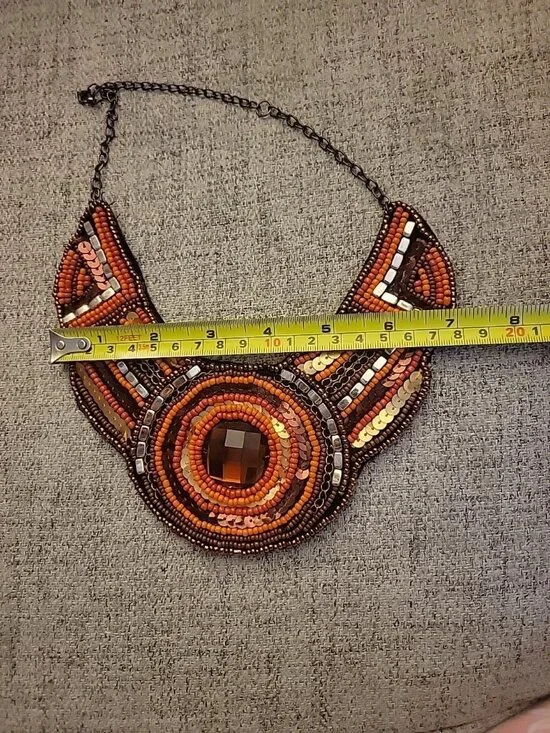 Ethnic Beaded Bib Collar Necklace Seedbeads Chains Sequins Handmade 80s - Picture 7 of 9